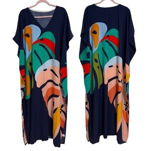 Women's Kaftan Dress Monstera Swim Beach Cover Up Blue Color One Size Fit Most